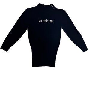 Bebe Rhinestone Embellished Bling Soft Cozy Sweater Black Size M